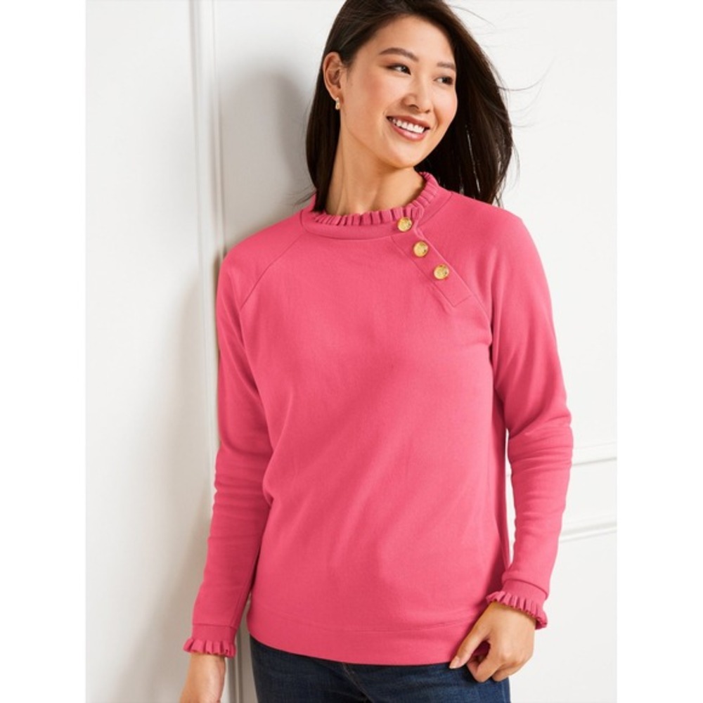 😀 Talbots Petite Pink Ruffle Neck Sweatshirt Gold Button‎ Pullover Women's SM/P